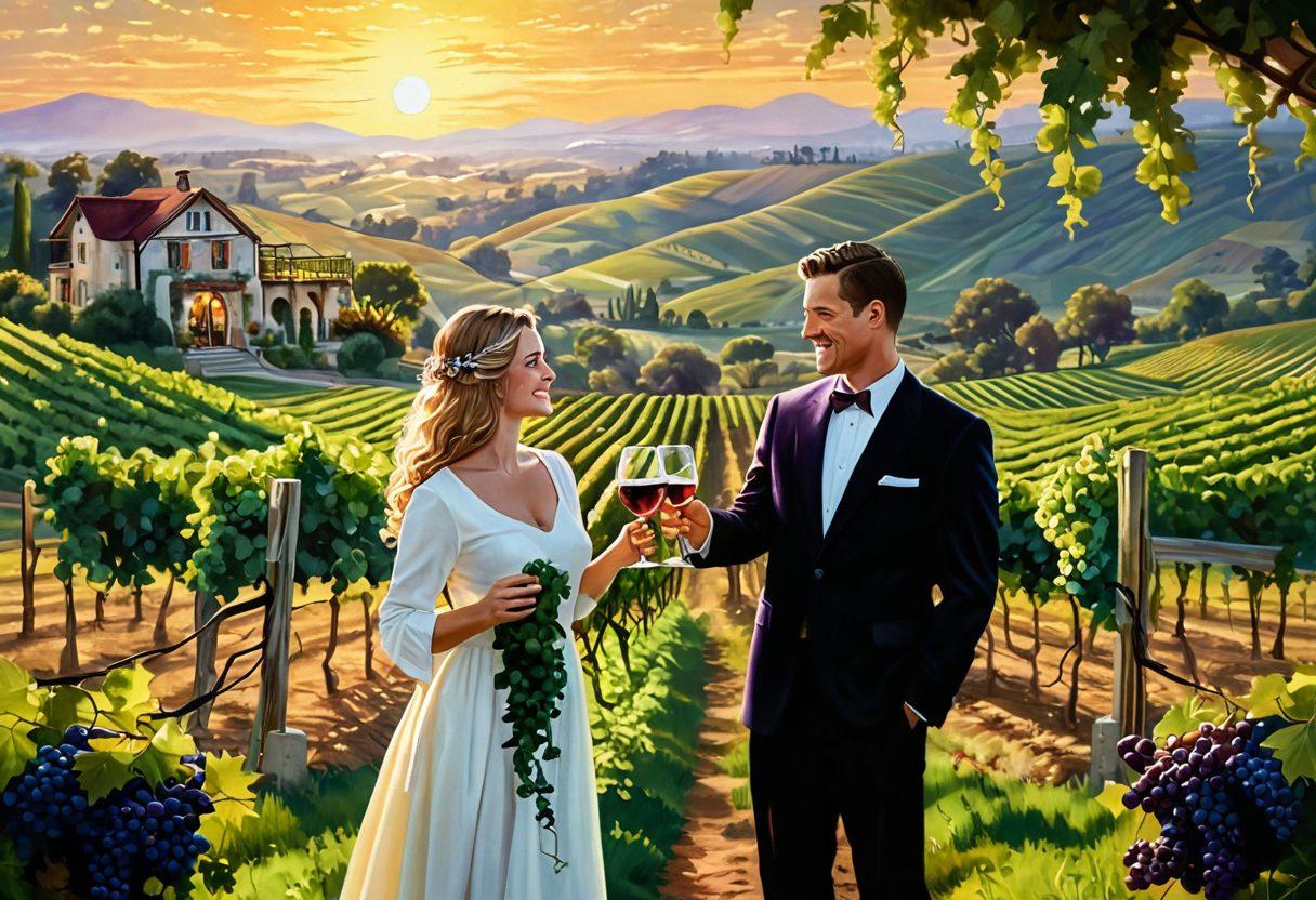 A whimsical vineyard at sunrise, with plump grapes hanging from lush green vines leading into a scenic winery. In the foreground, a couple clinking wine glasses, their expressions filled with joy, surrounded by rolling hills and a distant sunset. Soft rays of sunlight illuminate the scene, adding warmth and a sense of bliss. vibrant colors. painting.
