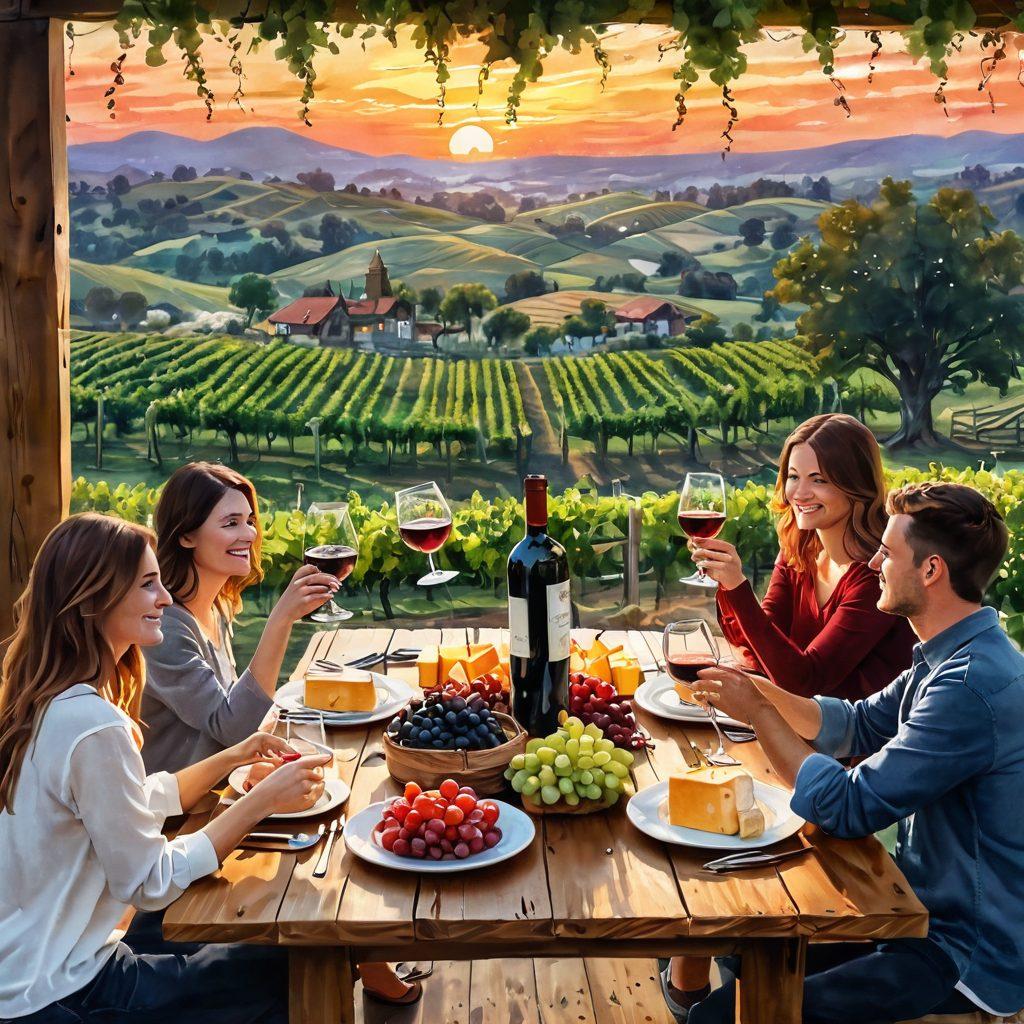 A cozy vineyard scene with rolling hills and grapevines, featuring a diverse group of friends clinking wine glasses filled with vibrant red and white wines. In the background, a picturesque sunset glows over a rustic wooden table laden with gourmet cheese and fruits. Soft fairy lights hang above, infusing a warm and joyful atmosphere. Artistic style: watercolor painting. warm tones. vibrant colors.
